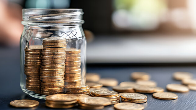 Glass jar filled with stacked coins, surrounded by scattered coins on dark surface, symbolizes savings and financial growth