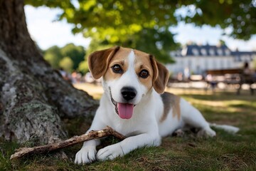 A happy dog rests in the grass with a stick, under a tree on a sunny day