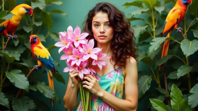 Young woman with joyful expression holding pink lilies surrounded by colorful parrots in a lush setting
