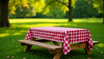 Classic gingham red table cloth on wooden picnic table in outdoor park setting, red, picnic