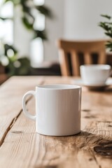 Obraz premium Minimalist White Mug on Wooden Table in Cozy Indoor Setting
