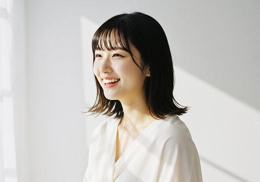 窓辺で佇む若い女性のポートレート