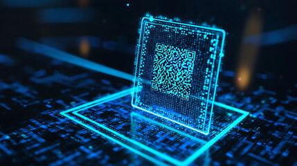 a glowing cyan QR code hovering above a dark blue circuit board pattern with glowing lines and particles.