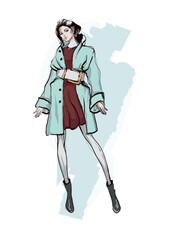Beautiful young girl in stylish clothes. Fashion woman look. Sale concept. Hand-drawn fashion illustration. Cute girl in fashion clothes.