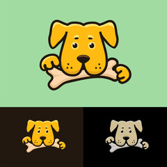 Cartoon logo white dog holding a bone in its mouth, vector illustration
