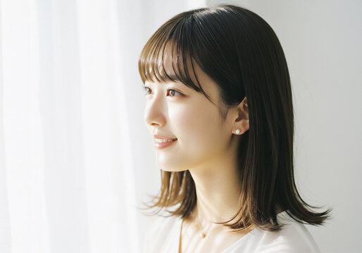 窓辺で佇む若い女性のポートレート