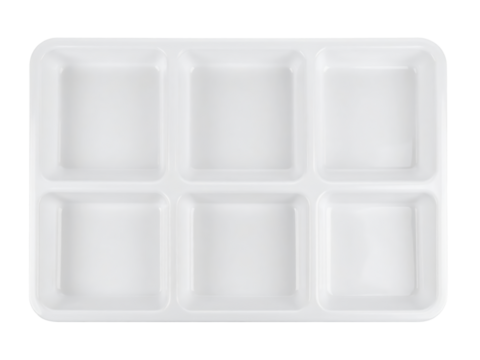 Versatile white plastic tray with six compartments for organized storage and sorting