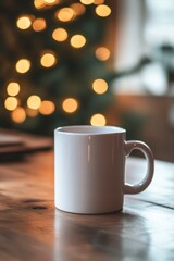 Obraz premium White Coffee Mug on Wooden Table with Blurred Christmas Lights