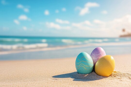 Beach Easter. Happy Easter Lettering Background with Easter Eggs on Sandy Beach