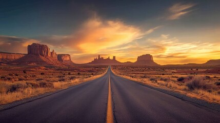 Fototapeta premium Majestic Sunset Over Monument Valley: A Scenic Drive Through the American Southwest