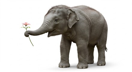 Obraz premium 愛らしい象の子が優しく花を嗅ぐ姿 白い背景で清楚な印象. AI Generated
