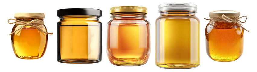 Assorted Glass Jars of Honey with Different Lids and Colors, Isolated on Transparent, white background