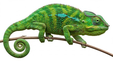 Obraz premium 鮮やか緑色のカメレオン 枝の上優雅に佇む. AI Generated