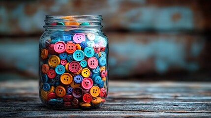 A still life featuring a glass jar filled with colorful buttons of various sizes and shapes on a wooden surface, suggesting creativity and the joy of small details
