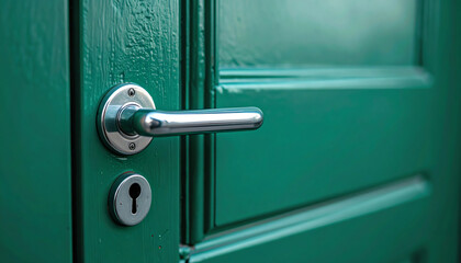 Obraz premium Close-up of a green door featuring a shiny handle and keyhole, highlighting details in color and design