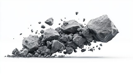 Gray rocks exploding and shattering against a white background