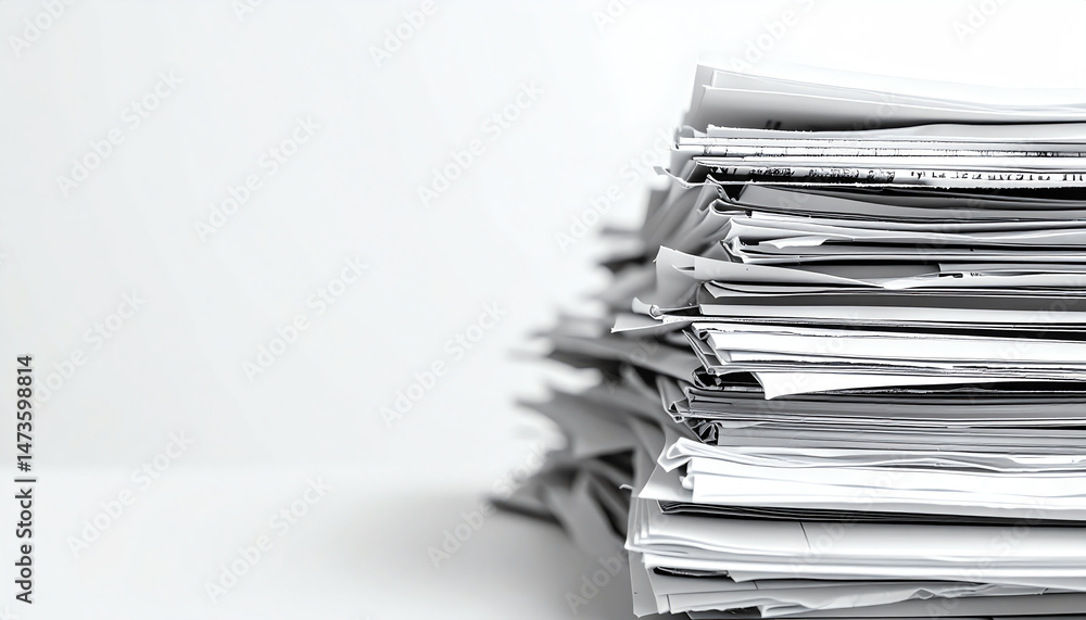Poster a disorganized stack of papers piled high, showcasing a mix of documents and reports in a minimalist