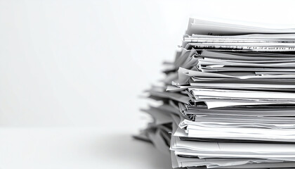 A disorganized stack of papers piled high, showcasing a mix of documents and reports in a minimalist setting