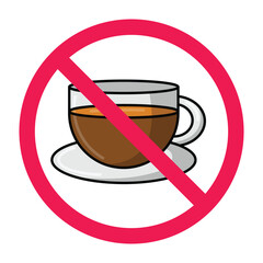 Forbidden sign with coffee icon, no coffee allowed sign, do not drink coffee symbol, stop drinking coffee prohibition symbol