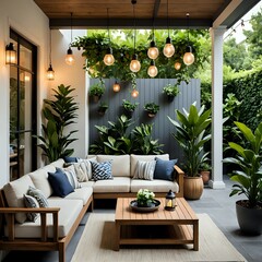 Cozy Front Porch Living Area with Wooden Furniture and Tropical Plants