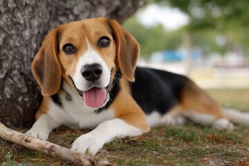 Beagle puppy lying in grass next to a tree with happy expression, tongue out
