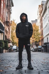 Fototapeta premium Young Man in Urban Outfit Standing in a City Street During Autumn