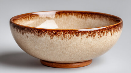 Beige ceramic bowl with brown rim on a round brown base on white backdrop