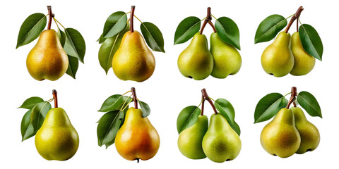 Fresh Pear Collection with Green and Golden Varieties and Leaves, Isolated on Transparent, white background