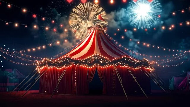Circus christmas tent, with the lights strung across the top of the canopy around at night time and colorful firework on background	