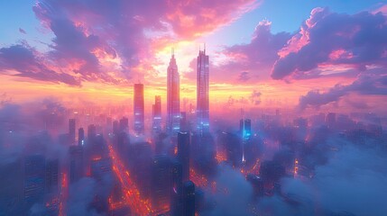 A stylized cityscape at twilight, with glowing lights illuminating the towering buildings against a deep blue and purple sky A sense of urban energy permeates the scene