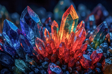 Colorful luminous crystal garden glowing vivid tones capturing mystical quartz formation ideal for fantasy design gemstone advertising concept stock