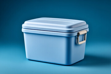 Blue plastic box, angled view, light on a blue background, handle on right side