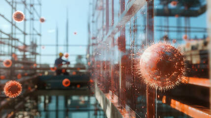 Construction Site with Virus Particles Overlay
