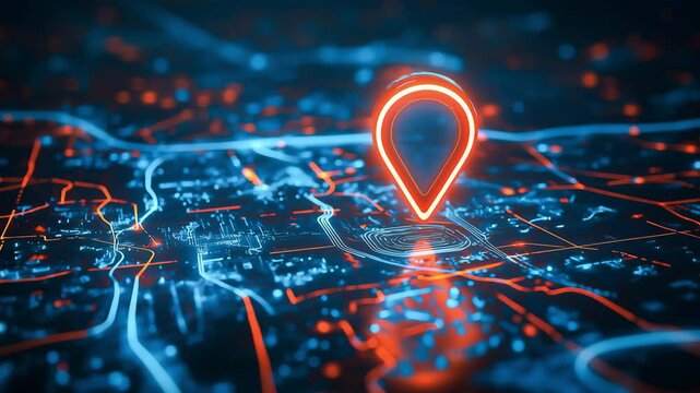 A brightly glowing location pin illuminates on map of a transportation route. Navigation, GPS tracking	