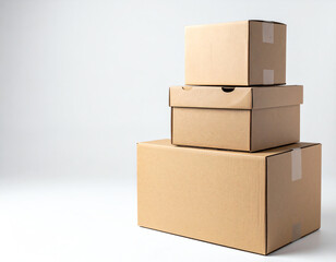 Obraz premium Three stacked cardboard boxes on a plain background, showcasing a minimalist and organized storage solution