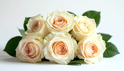 Obraz premium A bouquet of elegant, creamy roses arranged with fresh green leaves, showcasing their delicate beauty against a soft backdrop