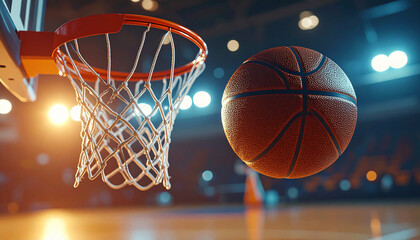 Action shot a basketball approaching the hoop in an arena setting