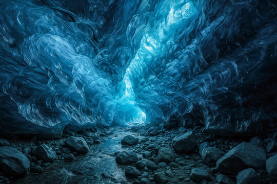 blue ice cave ceiling glowing with arctic light above rocky glacial river adventure landscape inspires climate exploration travel concept