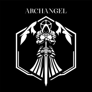 Archangel, black and white logo depicting a majestic figure of an angel in armor with a sword. Stylized black and white illustration of an archangel warrior with wings and a sword. Vector illustration