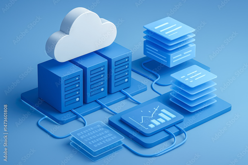 Aufkleber blue cloud storage infrastructure illustration showcasing connected servers data stacks analytics pa
