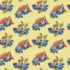 Black chokeberry botanical pattern with watercolor aronia berries, foliage isolated on beige. Autumn berries repeated background hand painted for kitchen linens, stationery, fabric cottagecore style.