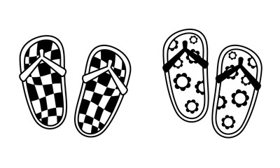 Black and white retro groovy beach flip flops, cute cartoon seasonal object. Summer hand drawn vector illustration in flat style