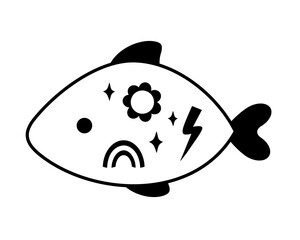 Black and white retro groovy fish doodle, cute cartoon sea character. Ocean hand drawn vector illustration in flat style