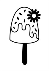 Black and white groovy ice cream doodle, cute cartoon seasonal sweet food. Summer hand drawn vector illustration in flat style