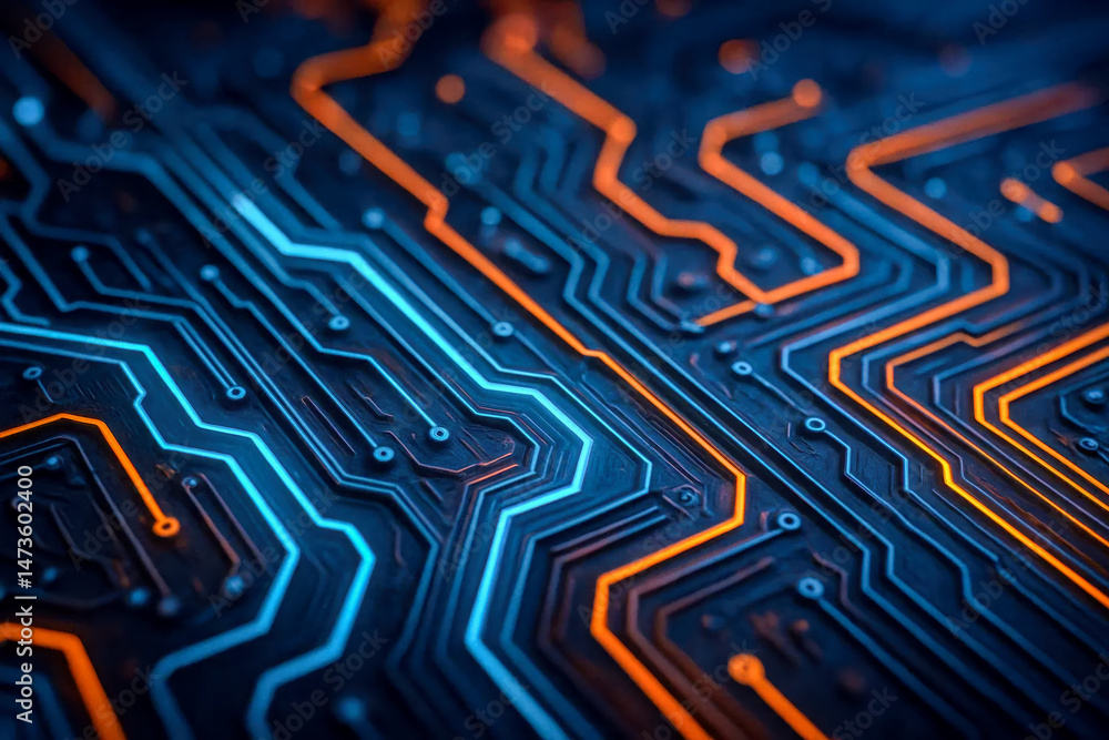 Poster abstract technology circuit board closeup neon electronic digital hardware microchip glowing lines f