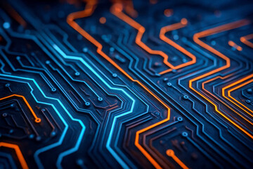 Abstract technology circuit board closeup neon electronic digital hardware microchip glowing lines futuristic computer science concept illustration background