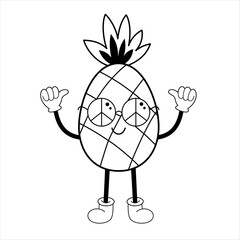 Black and white retro groovy pineapple doodle, cute cartoon tropical fruit. Fruit character, summer hand drawn vector illustration in flat style