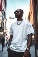 Fototapeta premium Stylish Man in Sunglasses Posing on City Street in Urban Environment