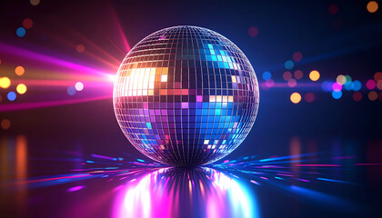 A vibrant disco ball reflecting colorful lights in a dark setting, creating a festive and energetic atmosphere