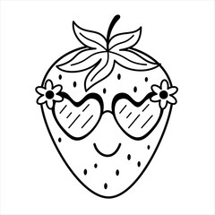 Black and white retro groovy strawberry doodle, cute cartoon seasonal fruit. Summer fruit character hand drawn vector illustration in flat style